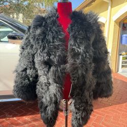 100% Natural Tigrado Wool Coat Women's One Size Fur Lined black