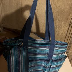 Blue Striped Beach Bag With 8 Pockets And Mesh With Wallet 