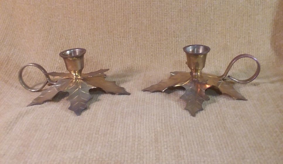 Vintage Brass Holly Leaf Candlestick Holders