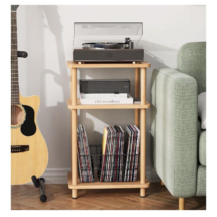3 Tier End Table, Record Player Stand with Storage Shelf, Wooden Vinyl Record, Nightstand Bedside Table for Small Spaces, Bedroom, Living Room, Easy