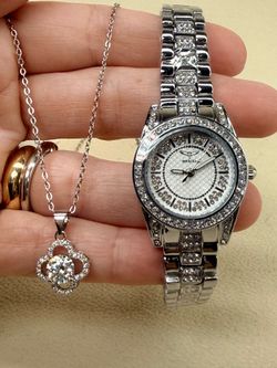 Invicta Crystal Watch & Clover Pendant Necklace Set Silver Tone Plated 18”