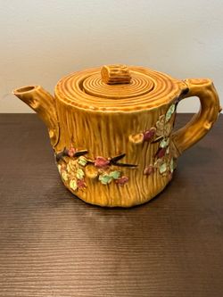 Vintage Majolica Style Tree Bark Design Tea Pot