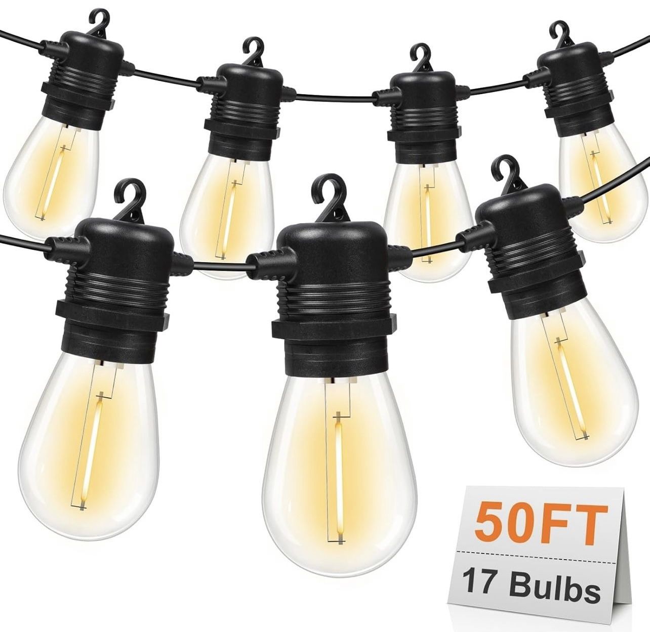 50FT LED Outdoor String Lights with 17 Shatterproof Waterproof S14 Replaceable Bulbs (2 Spare), 2700K Commercial Grade Patio Lights, Outside Hanging L