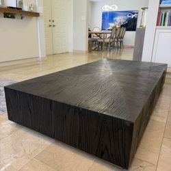 RH Oak Plinth Coffee Table – Brass Base – 72”