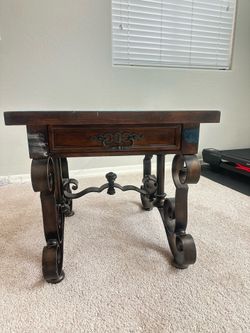 Rustic Solid Wood & Wrought Iron End Table with Drawer | Heavy Southwest/Tuscan Accent Table