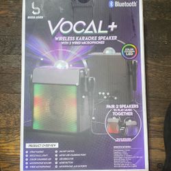  Bass Jaxx Vocal+ Wireless Karaoke Speaker, which includes two wired microphones and features color-changing LED party lights