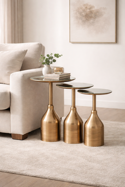 VESTA Set of 3 Antique Gold Metal Side Tables, 42 cm Round Tray Top, Modern Pedestal Accent Tables,