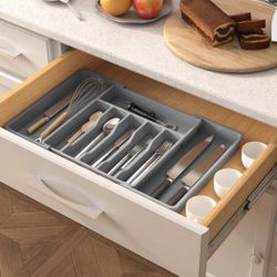 Expandable Kitchen Utensil Drawer Organizer - Adjustable Cutlery And Silverware Rack With Knife Storage, Durable Plastic Scraper And S