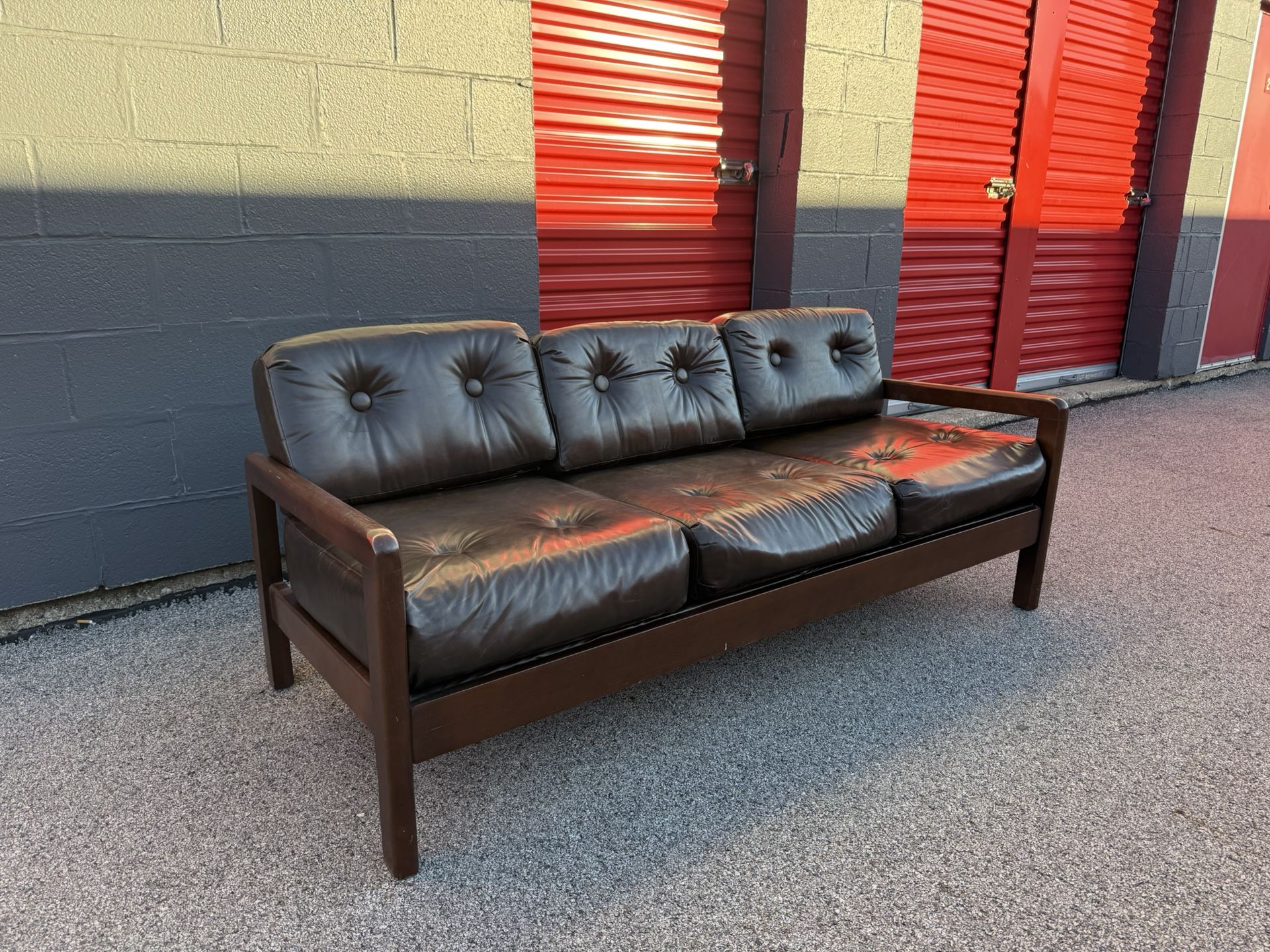 Vintage Mid-Century Modern Brown Faux Leather Sofa! - Free Curbside Delivery