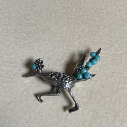 Vintage Road Runner Bird Pin  Brooch  Silver Tone Turquoise