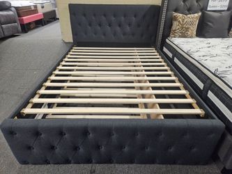 Brand new charcoal/gray/light brown linen full bedframe with twin trundle