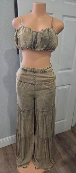 Olive Washed Two-Piece Crop Top and Pants Set
