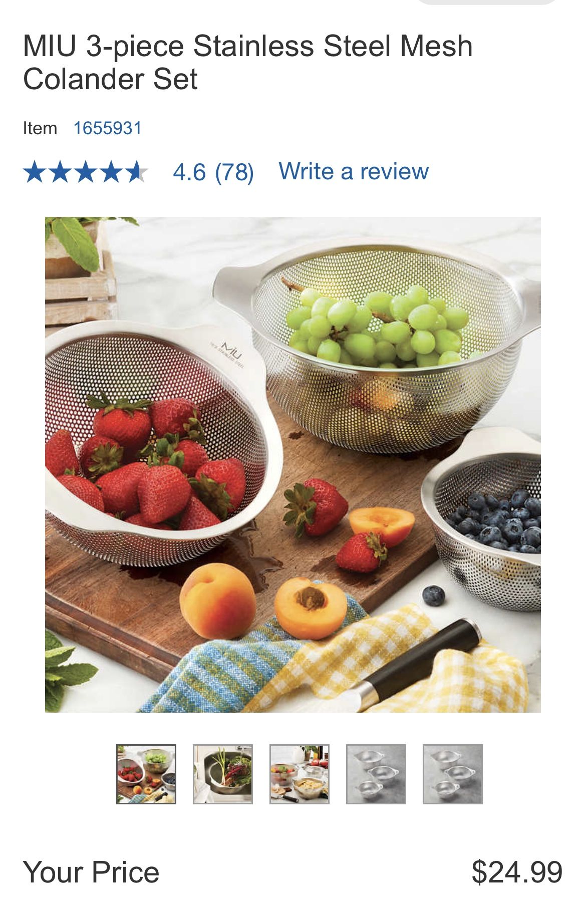 New MIU 3-piece Stainless Steel Mesh Colander Set