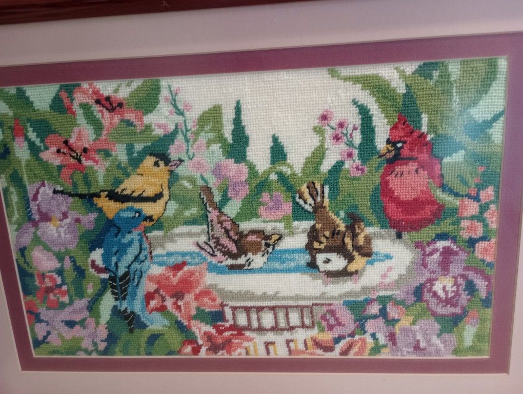 Vintage Birds Birdbath Flowers Plants Garden Needlepoint Crossstitch Crewel Embroidery Art Arts & Crafts Framed