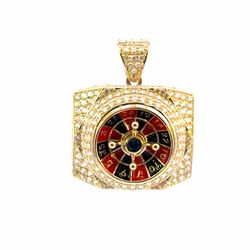 Men’s 10k Yellow Gold 1” Inch CZ Cubic Zirconia Spinning Roulette Wheel Gambler Pendant for Necklace GP3136366