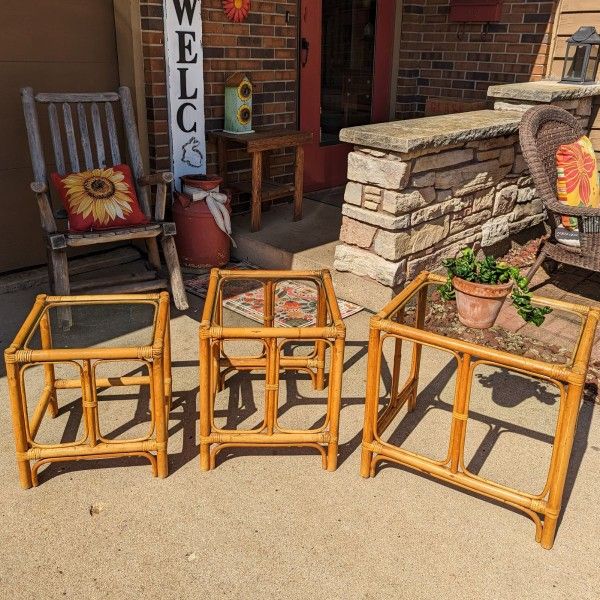 1970's Vintage Bamboo & Rattan Glass Top Nesting Tables