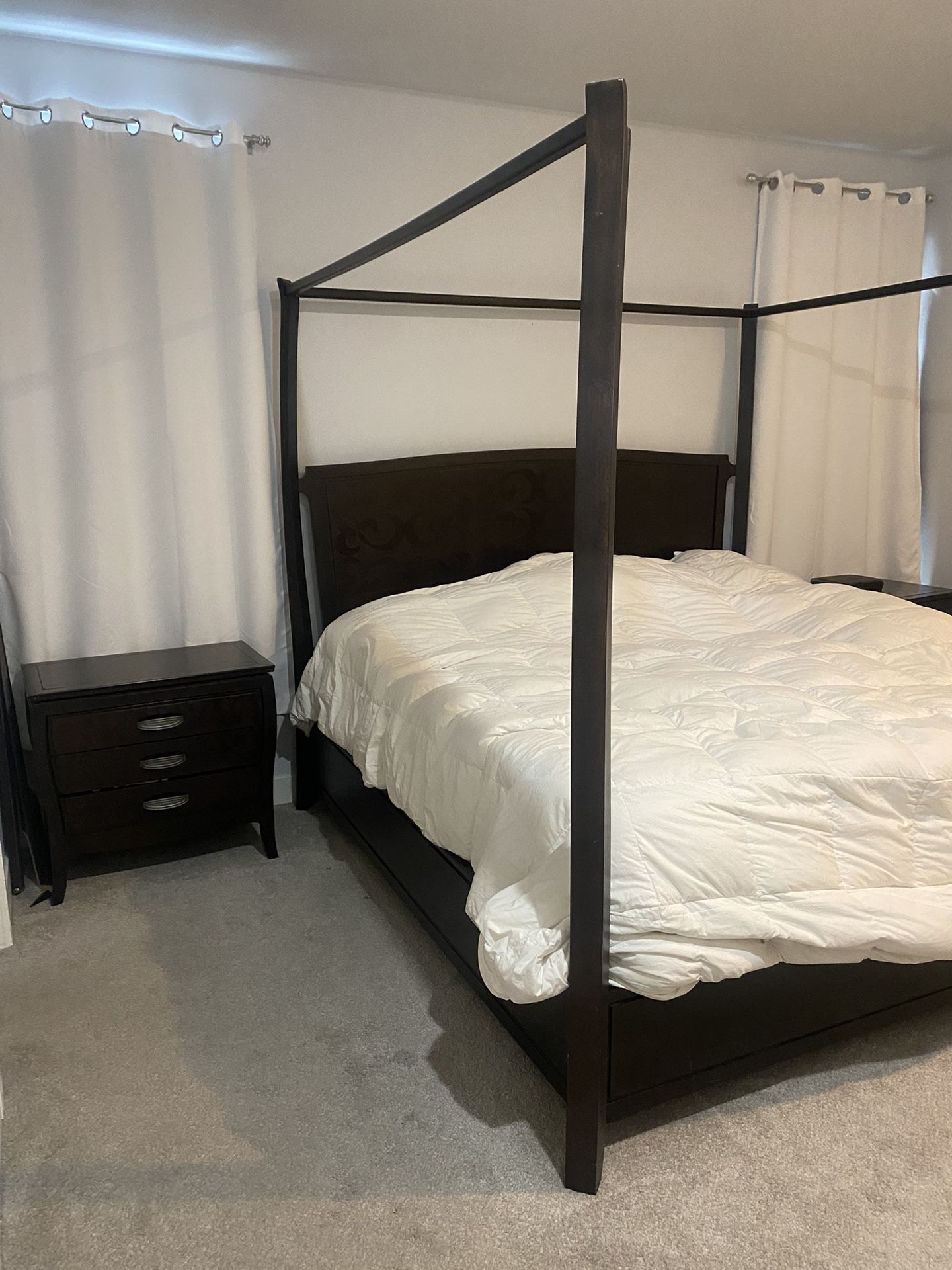 King Size Bed Frame And Set With 2 End Tables, Large Dresser and Mirror
