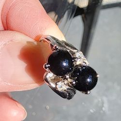 Twin Prong Ring With Black Pearls And CZ's 