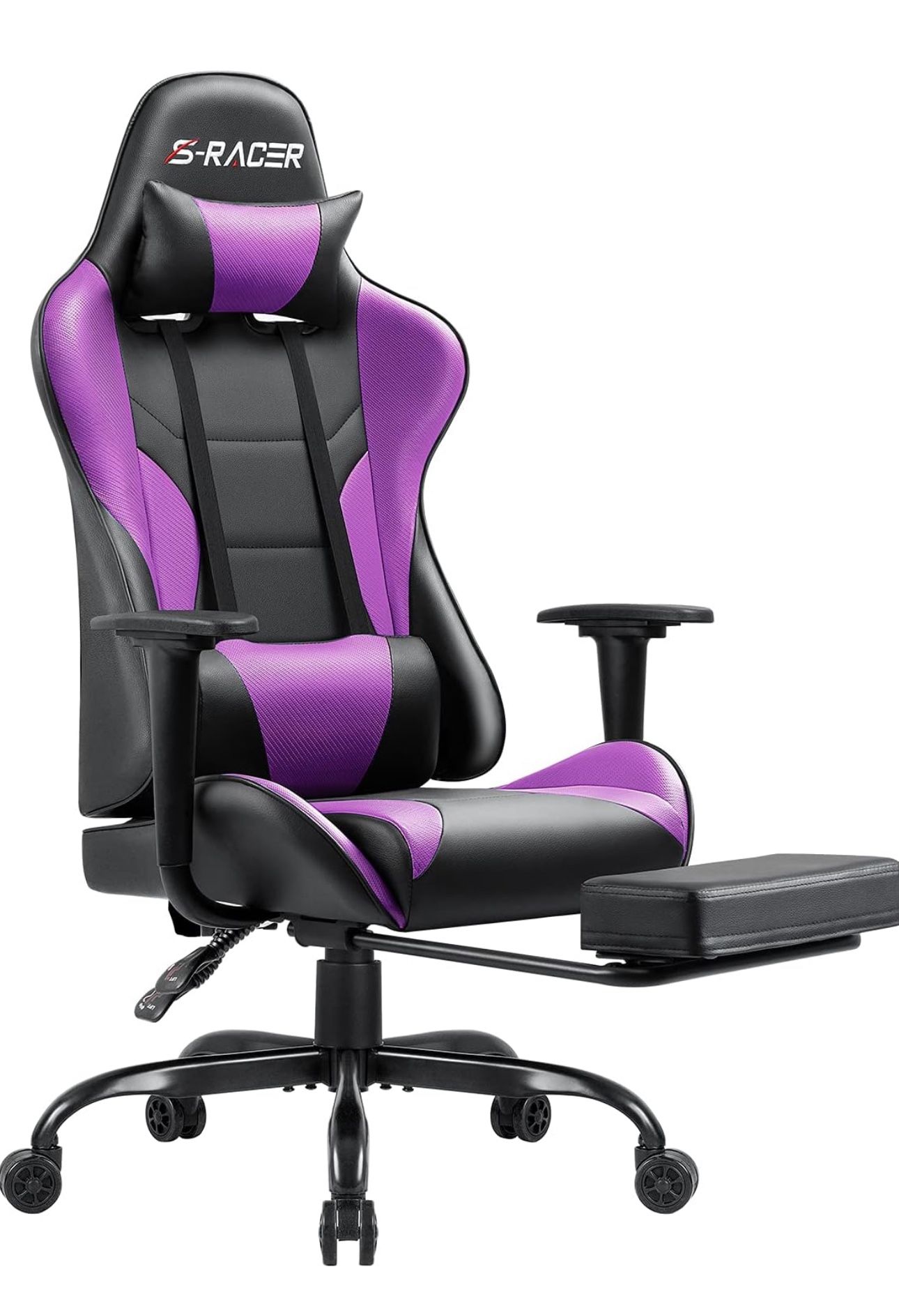 Black And Purple Desk Chair , Gaming Chair With Leg Extension In Box