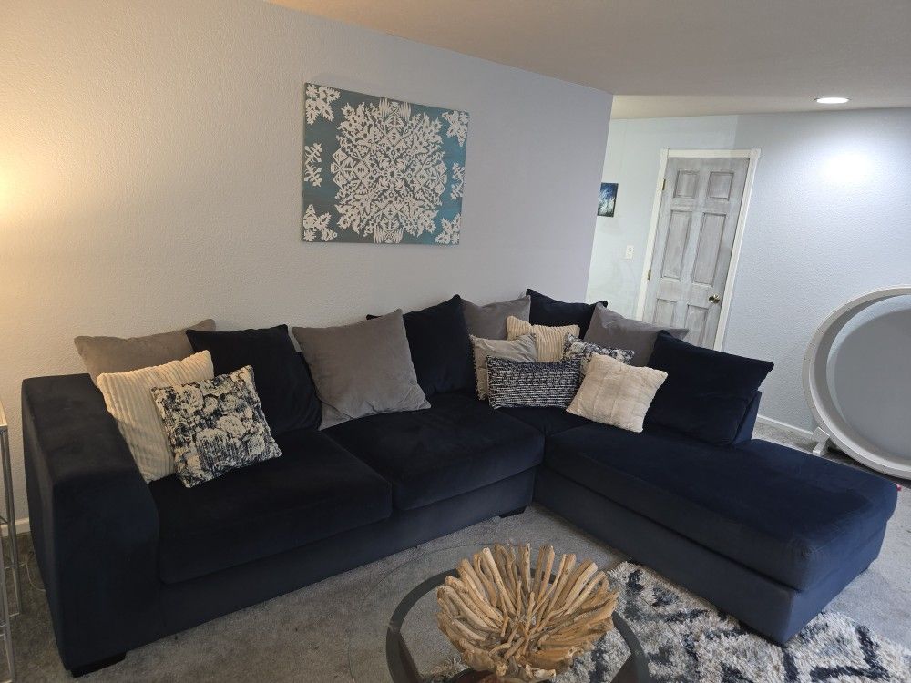 Sectional Couch with Chaise BLUE Microfiber LIKE NEW (End Tables and Coffee Table Available too)