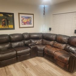 Dark Brown Leather Reclining Sofa With Cup Holders