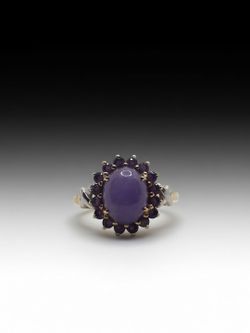 Lavender Jade & Amethyst Halo Cocktail Ring 10k White Gold (2.1 dwt)