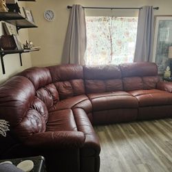 ***FREE*** Red Leather Sectional With 3 Recliners