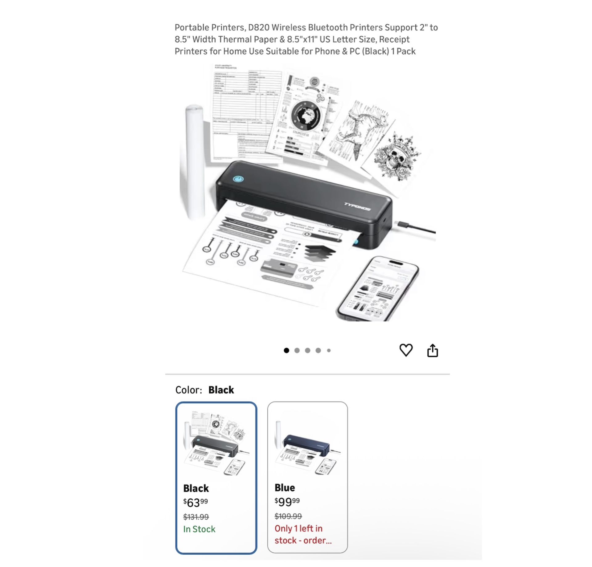 Brand new Portable Printers, D820 Wireless Bluetooth Printers Support 2" to 8.5" Width Thermal Paper & 8.5"x11" US Letter Size, Receipt Printers for H