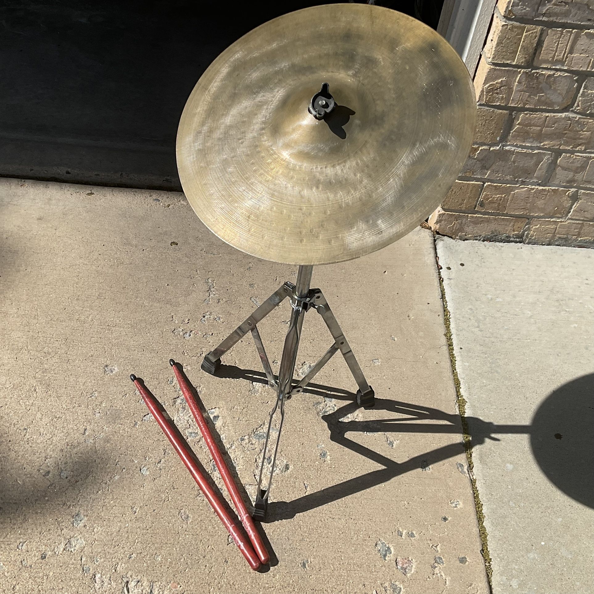 Vintage Italian Cymbal, Stand And Drumsticks