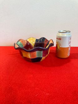 7” x 3”H Bowl Hand-Painted Patchwork Design w/ Ruffled Rim Tabletops Gallery Caracas