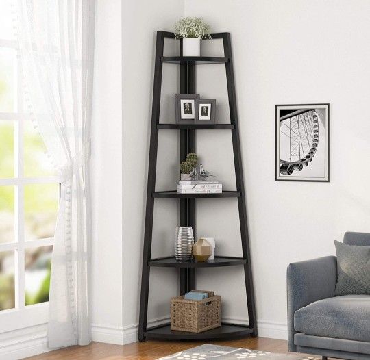 70 inch Tall Corner Shelf, 5 Tier Modern Corner Bookshelf Bookcase Industrial Corner Ladder Shelf