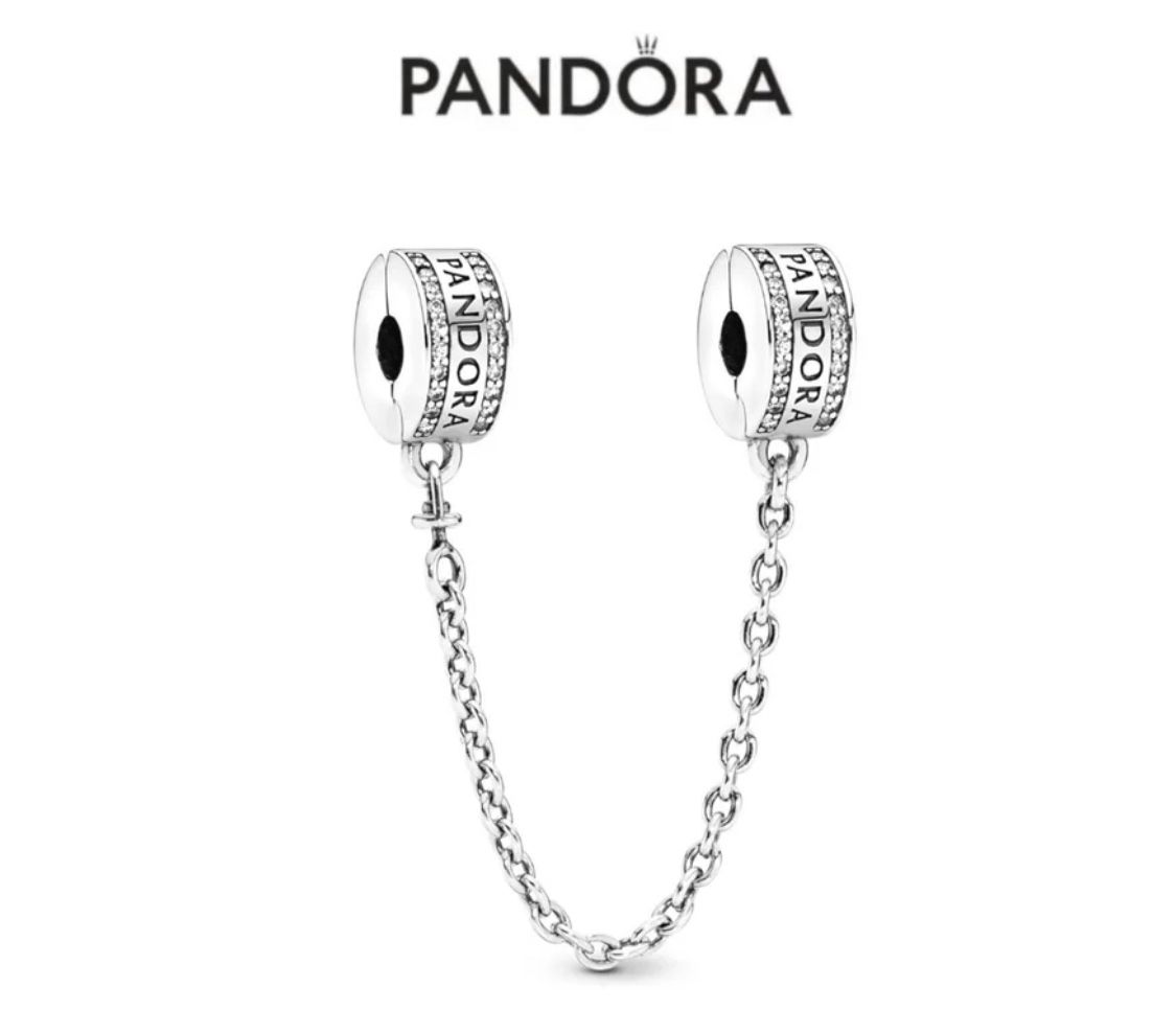 PANDORA LOGO safety chain clip charm W/box