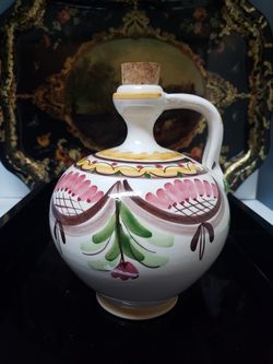 Hand-painted porcelain oil jug w/ cork