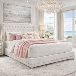Glam Style Queen Size Wingback Bed White Velvet