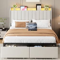 Full Bed Frames with Storage Headboard and 2 Drawers, Upholstered Platform Bed Frame Full with Led Lights and Handy Charging Station, No Box Spri