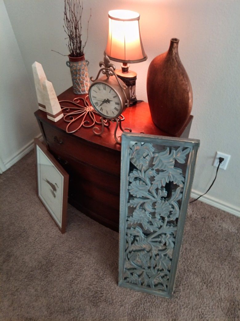Night Stand With Various Wall Decor Etc...