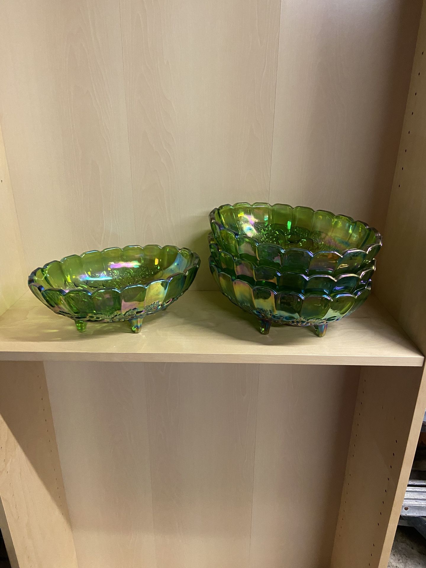 4 Green Carnival Glass Large Footed Bowls