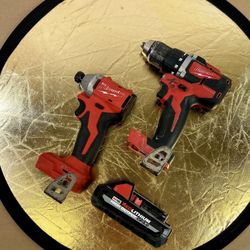 Tested Used Set Milwaukee 3650-20 M18 Compact Brushless 1/4" Hex Impact Driver + Drill 