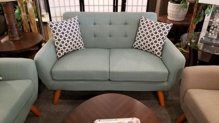 Brand new teal or charcoal linen midcentury loveseat + 2 pillows