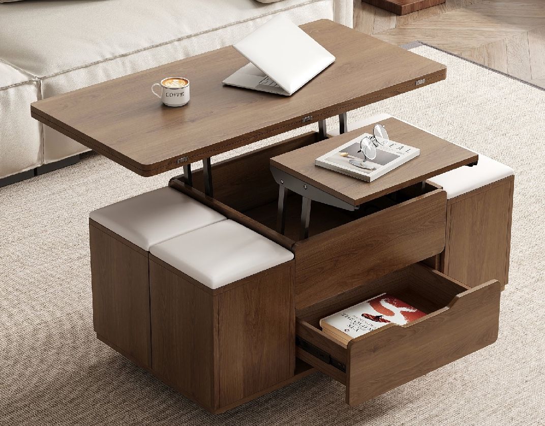 Lift-Top Foldable Coffee Table, 4 Stools & Storage