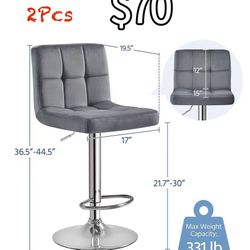 😀 2Pcs Yaheetech Bar Stools, Adjustable Velvet Fabric Swivel Barstools, Modern Counter Stools with Back and Footrest, Counter Height Barstools