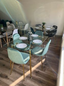 Modern Gold Rectangle Dining Table and 4 Velvet Chairs