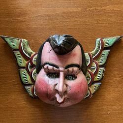 Antique MEXICAN GUERRERO FOLK ART CARVED WOOD ANGEL PUTTO Cherub MASK