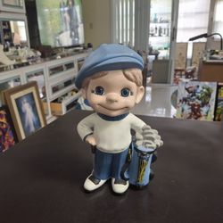 Vintage 1970's Ceramic Smiling Golfer Caddy Boy Statue In Bisque Porcelain 10" SEE DESCRIPTION 