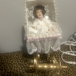 Beautiful Vintage Porcelain Baby Doll In Pram Stroller