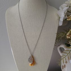 Long Silver Textured Charm Color Necklace