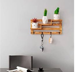 Coral Flower Rustic Wall-Mounted Entryway Burnt Wood Display Shelf with 4 Key Hooks, 15.8 inches, Torched Brown