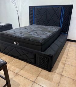 NEW IN BOX-  Black Velvet Platform/ Storage Bed Frame Queen Size LED LIGHTS & BLUETOOTH