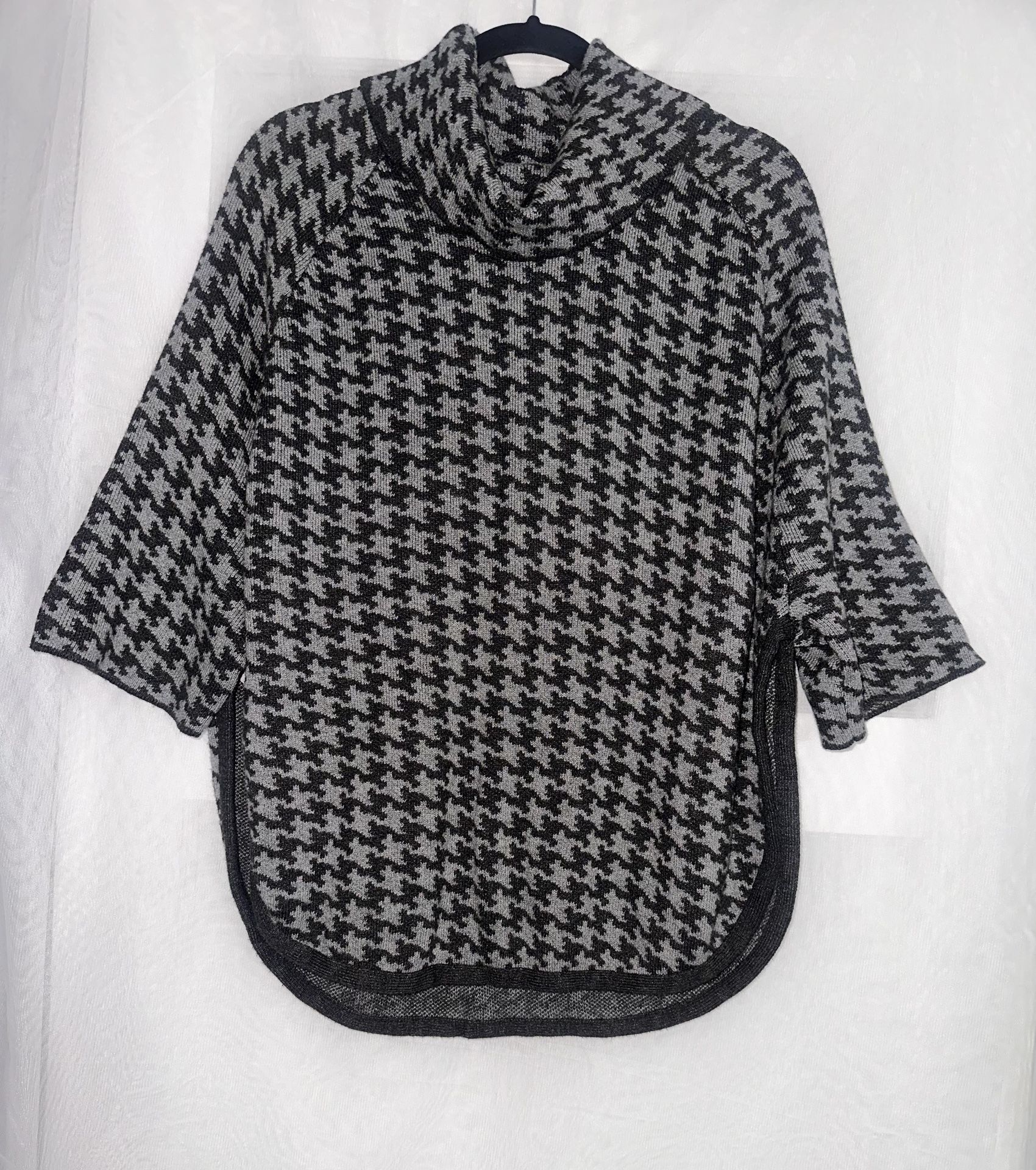 Sweater Grey Houndstooth Cowl Neck Poncho