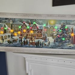 $35.00 - 39.5" Victorian Christmas Wall Art! LED & Fiberoptic Lights/Shabby Chic Embossed Frame/Village Scene - Needs Frame Corner Fixed!